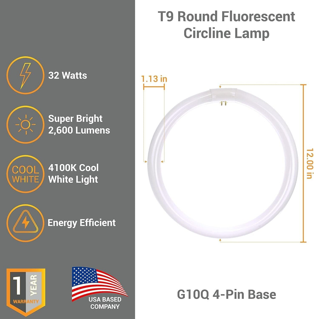 12 Inch Fluorescent Circular Light Bulb 32W 2100 Lumens 4100K Cool White G10Q 4-Pin Base RoHS Compliant