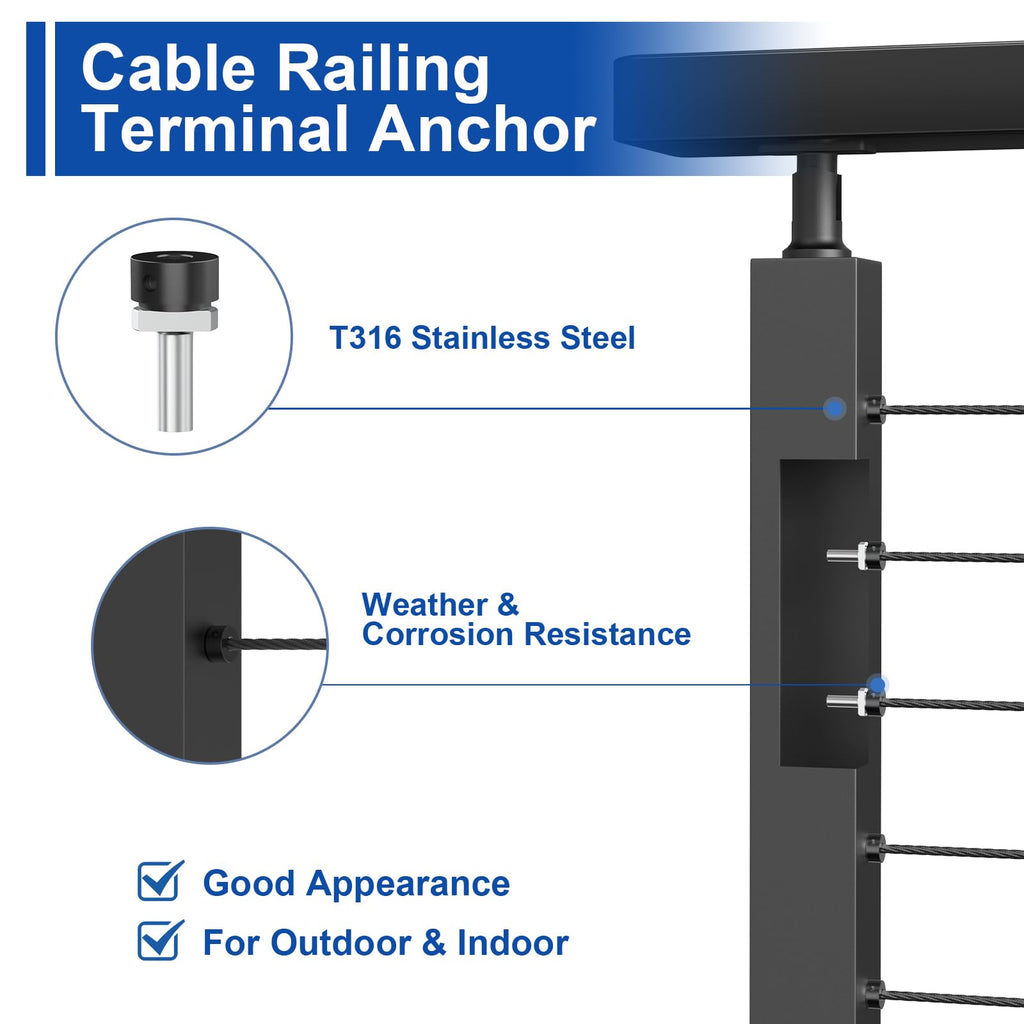 40 Pack 1/8" Black Cable Railing Anchor Terminal T316 Stainless Steel