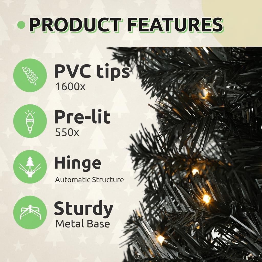 7.5ft Prelit Black Christmas Tree with Remote & 11 Light-Modes