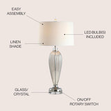 33.5" Smoked Grey Glass/Crystal Table Lamp, Traditional Fluted Glass Column with White Faux Silk Drum Shade
