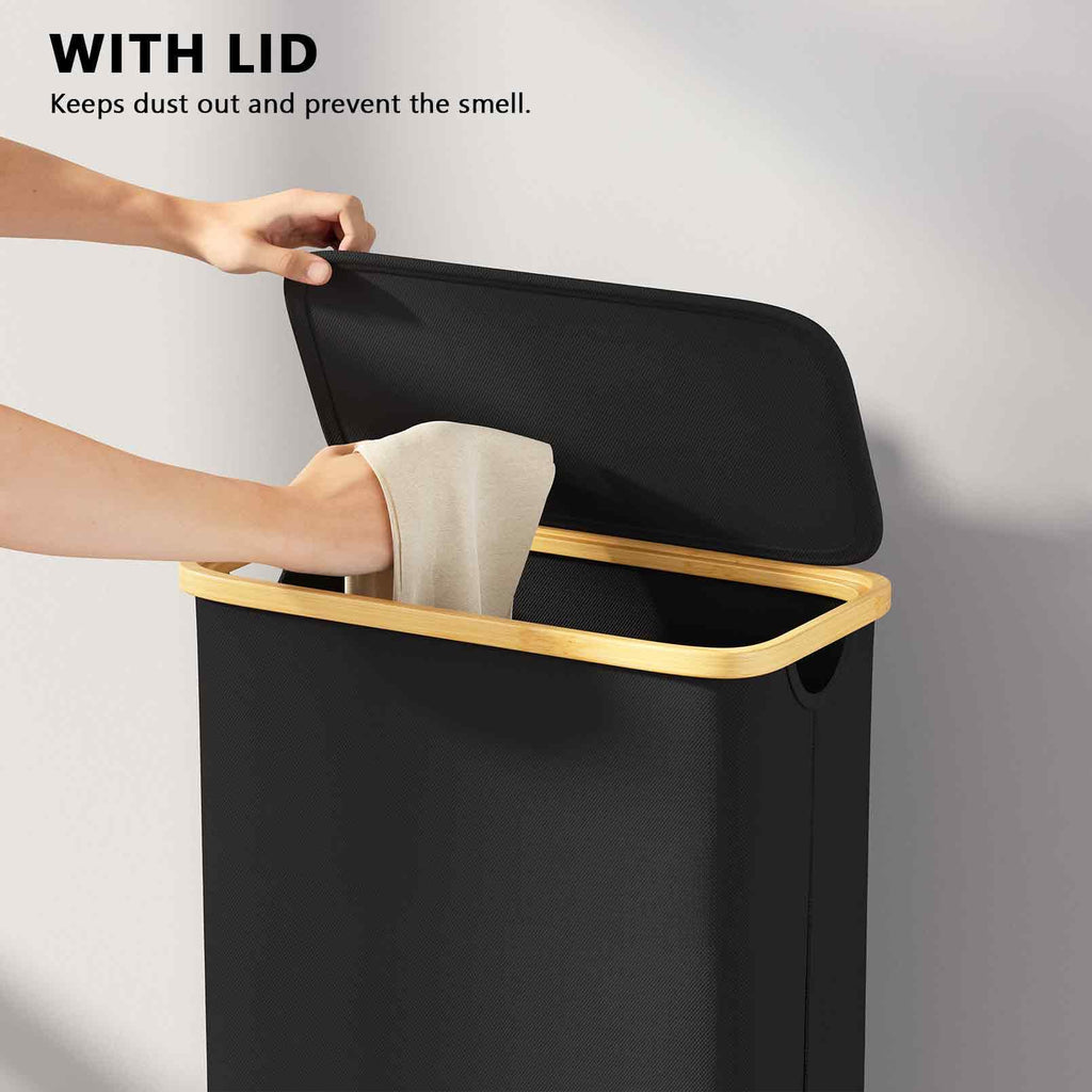 Slim Laundry Hamper with Lid, 65L Narrow Clothes Basket Bin with Bamboo Handles, Skinny Tall Collapsible Hamper