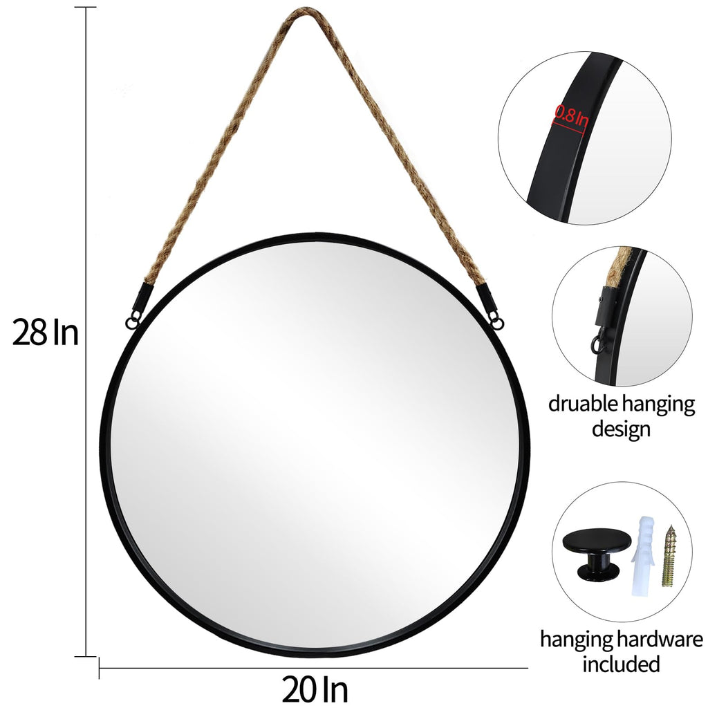 20" Round Wall Mirror with Jute Rope, Circle Hanging Mirror for Wall