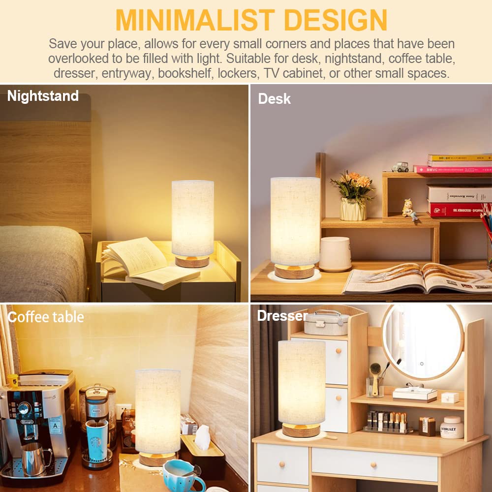 Small Bedside Table Lamp set of 2, Minimalist Wood Base & Round Fabric Shade, Mini Cute Cozy Warm Nightstand Boho Lamp