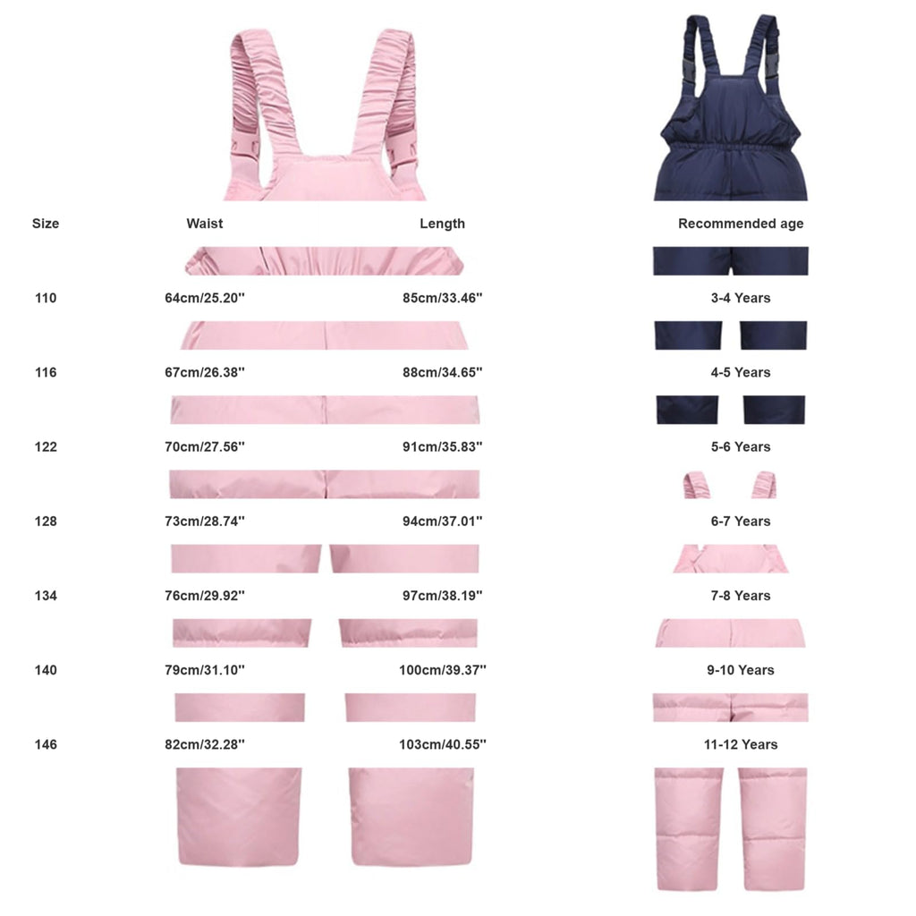 Girl Ski Bibs kids Winter Warm Snowsuit Zip Up Quilted Down Overalls