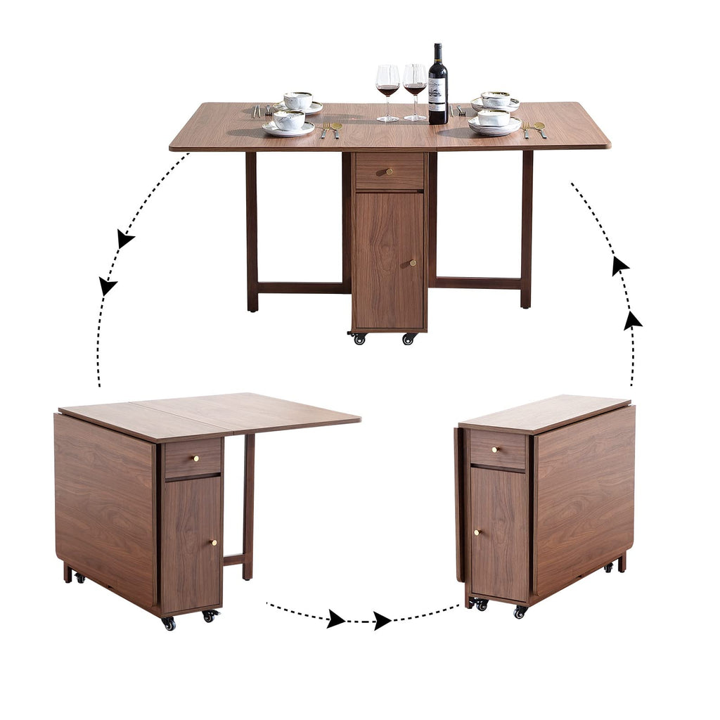 Drop Leaf Folding Dining Table with Storage, Wheels, Space Saving