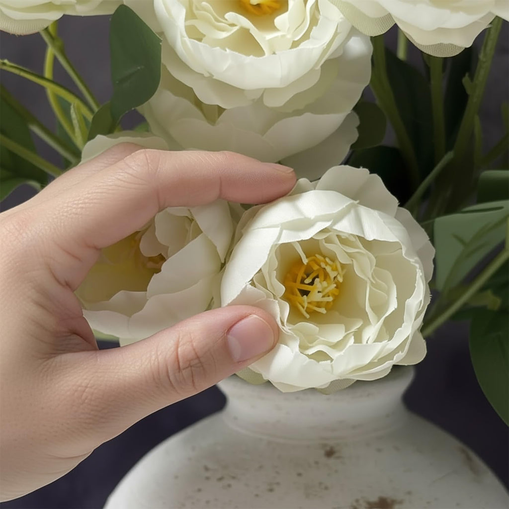 Artificial Peony Flowers, White Faux Peony Stems Bulk, Realistic Fake Flowers for Vase, Tall Floor Vase Decor - Set of 10
