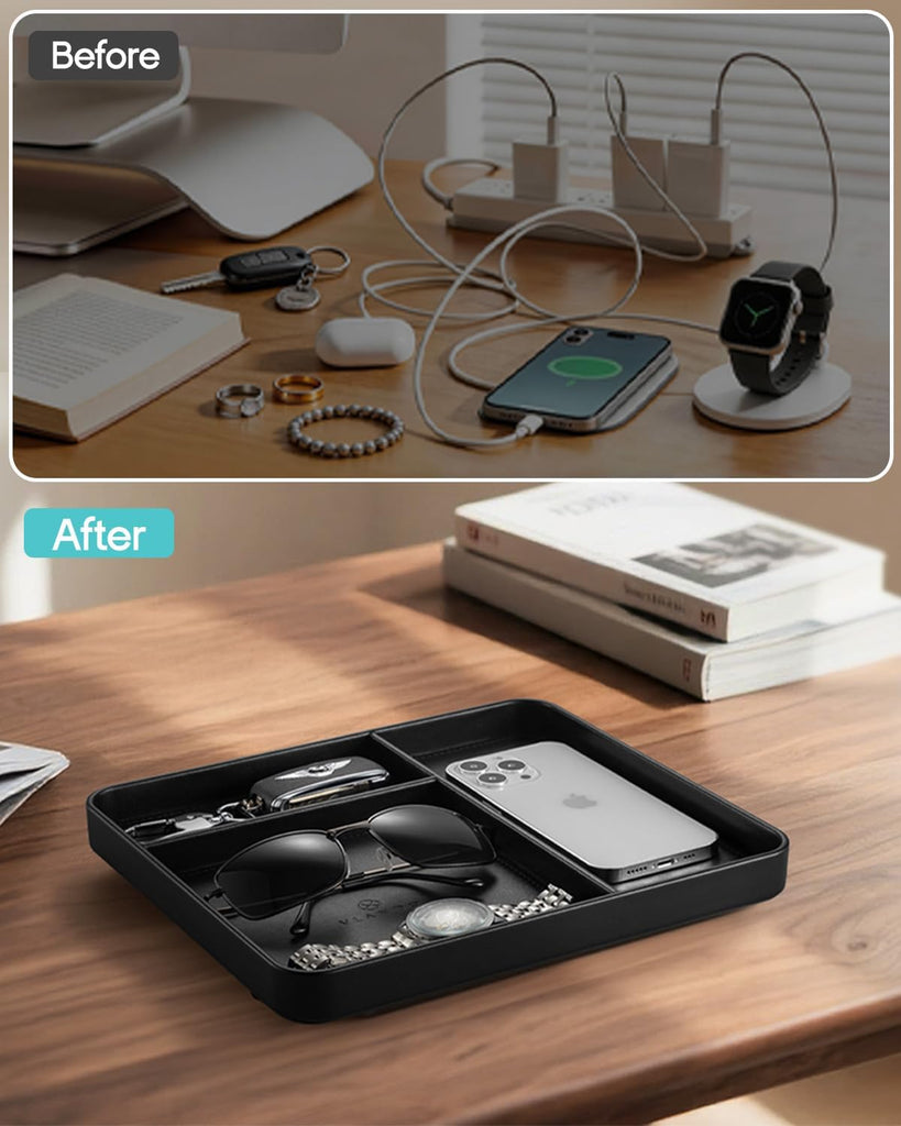 Valet Tray, PU Leather Nightstand Organizer with Divider