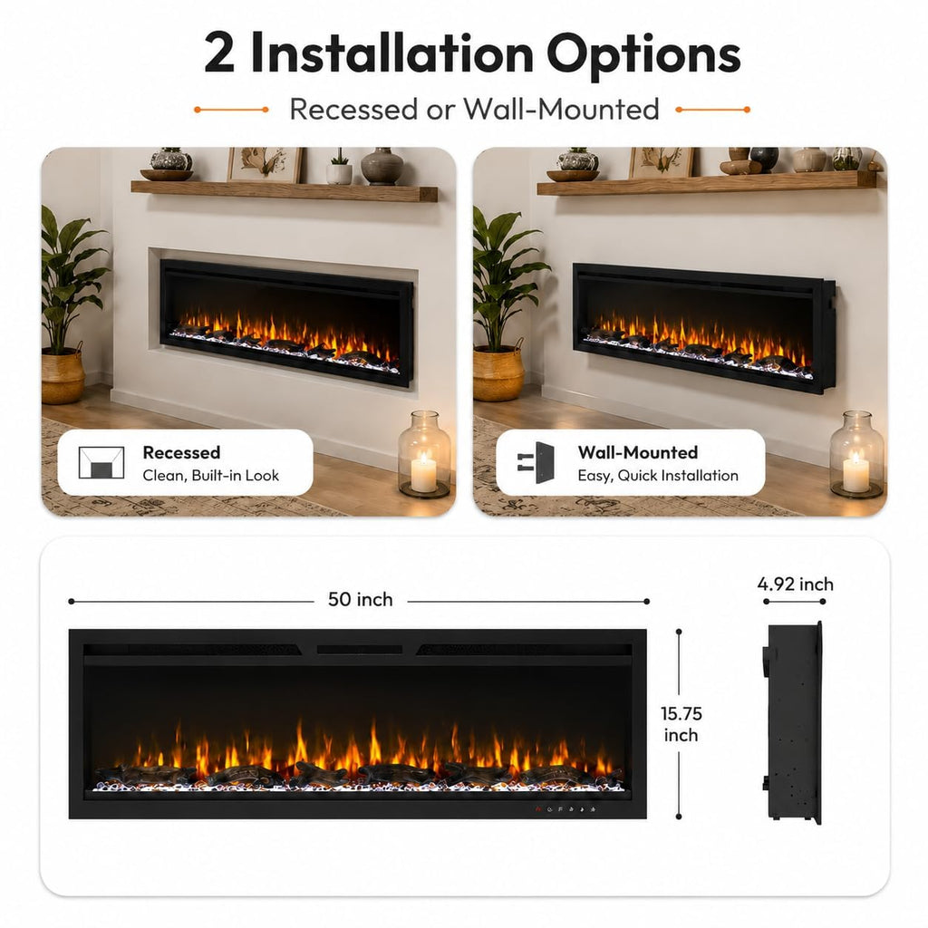 50 Inch Smart WiFi Electric Fireplace, Wall Mounted