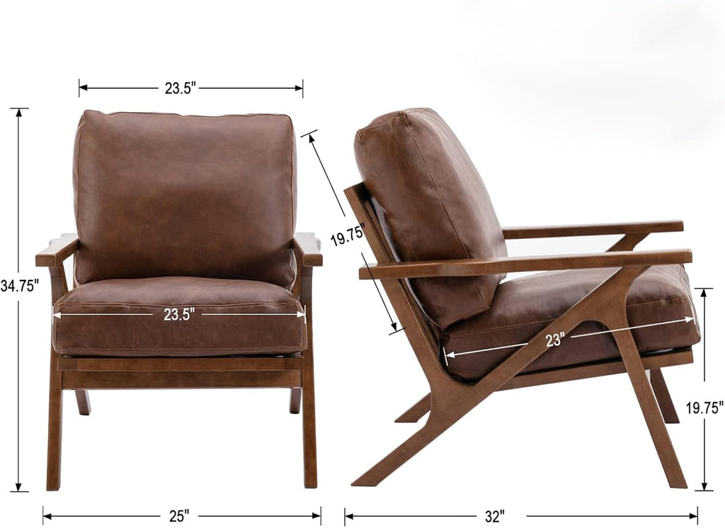 Mid Century Arm Chair, Retro Accent Armchair with Wood Frames & Faux Leather Upholstered Removable Cushions, Leisure