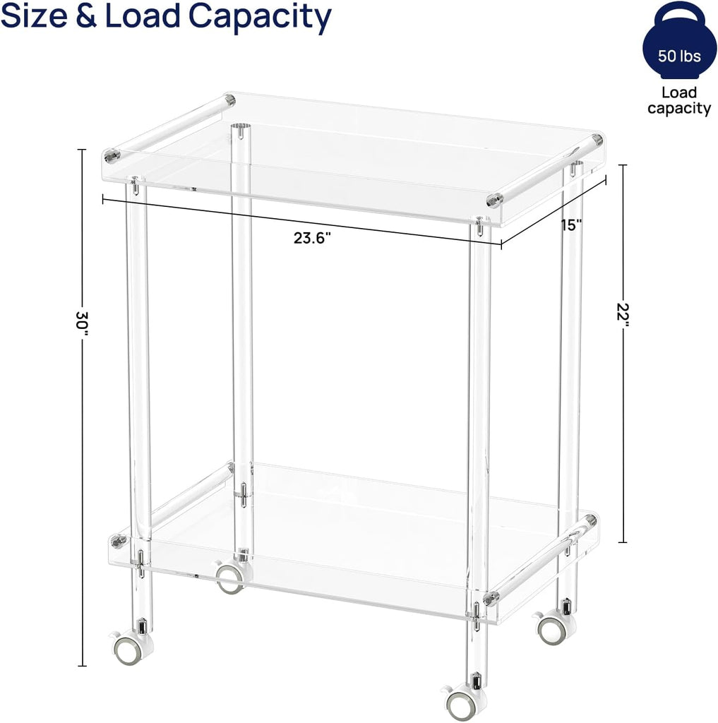 Acrylic Bar Cart, Rolling Serving Cart with 4 Lockable Wheels for the Home Bar, Kitchen, Living Room, Modern, 2-Tier