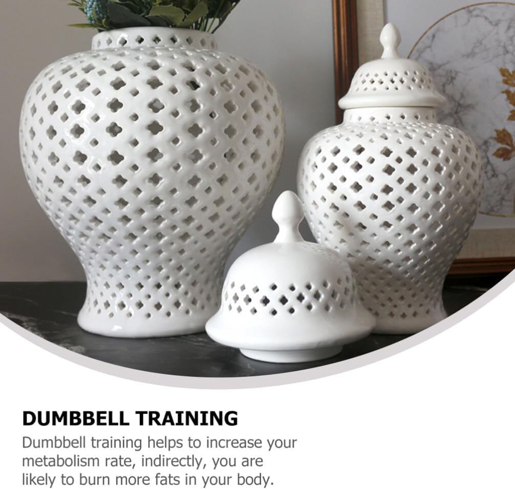 Ginger Jar Traditional Pierced Ginger Jar with Lid Ceramic Flower Vase Carved Lattice Decorative Temple Jar White