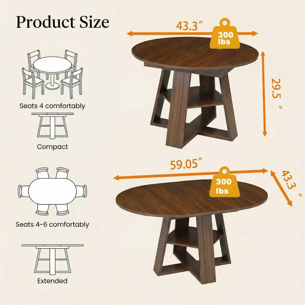 Extendable Round Dining Table for 4-6, 43.3"-59" Round to Oval Kitchen Table with Storage Shelf, Mid-Century Modern &