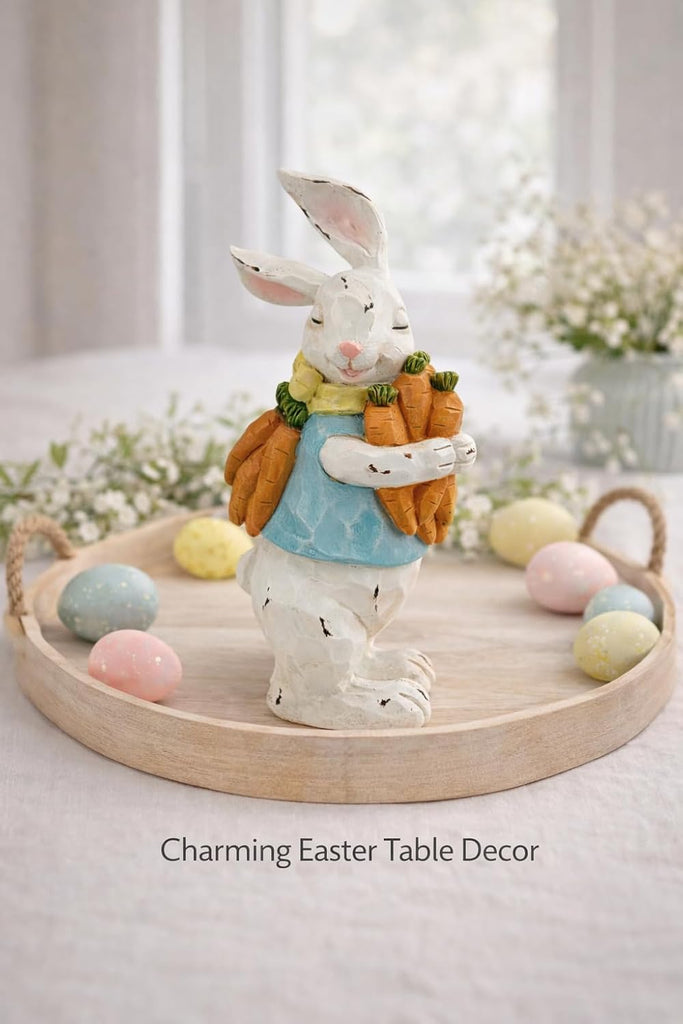 Easter Decorations Bunny Resin Figurine with Carrots - 9.3'' Hand-Painted Rabbit Outdoor Statue, Spring Farmhouse
