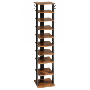 10 Tiers Vertical Shoe Rack, Wooden Shoe Storage Organizer with Hooks, Narrow Shoe Tower for 10 Pairs, Space Saving