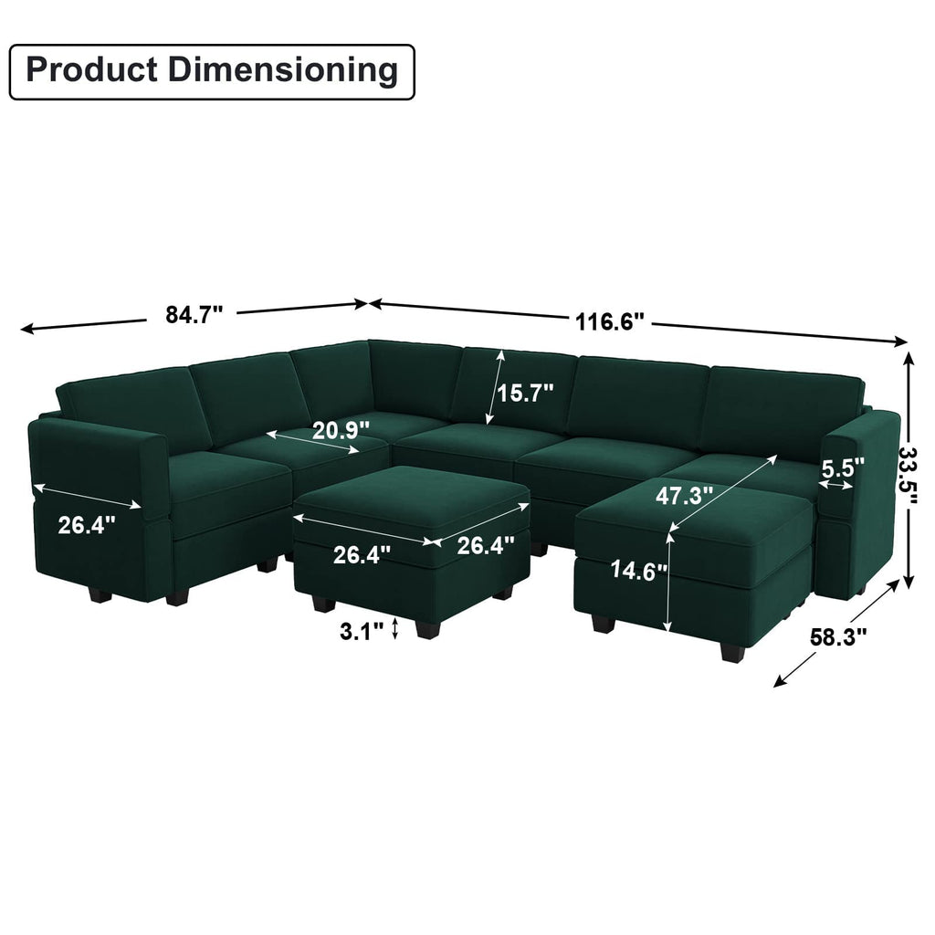 Modular Sectional Sofa with Storage Seat Oversized U Shaped Couch with Reversible Chaise Sofa Set with Ottoman Green