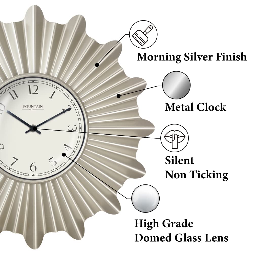 18" Mid Century Starburst Wall Clock, Morning Silver