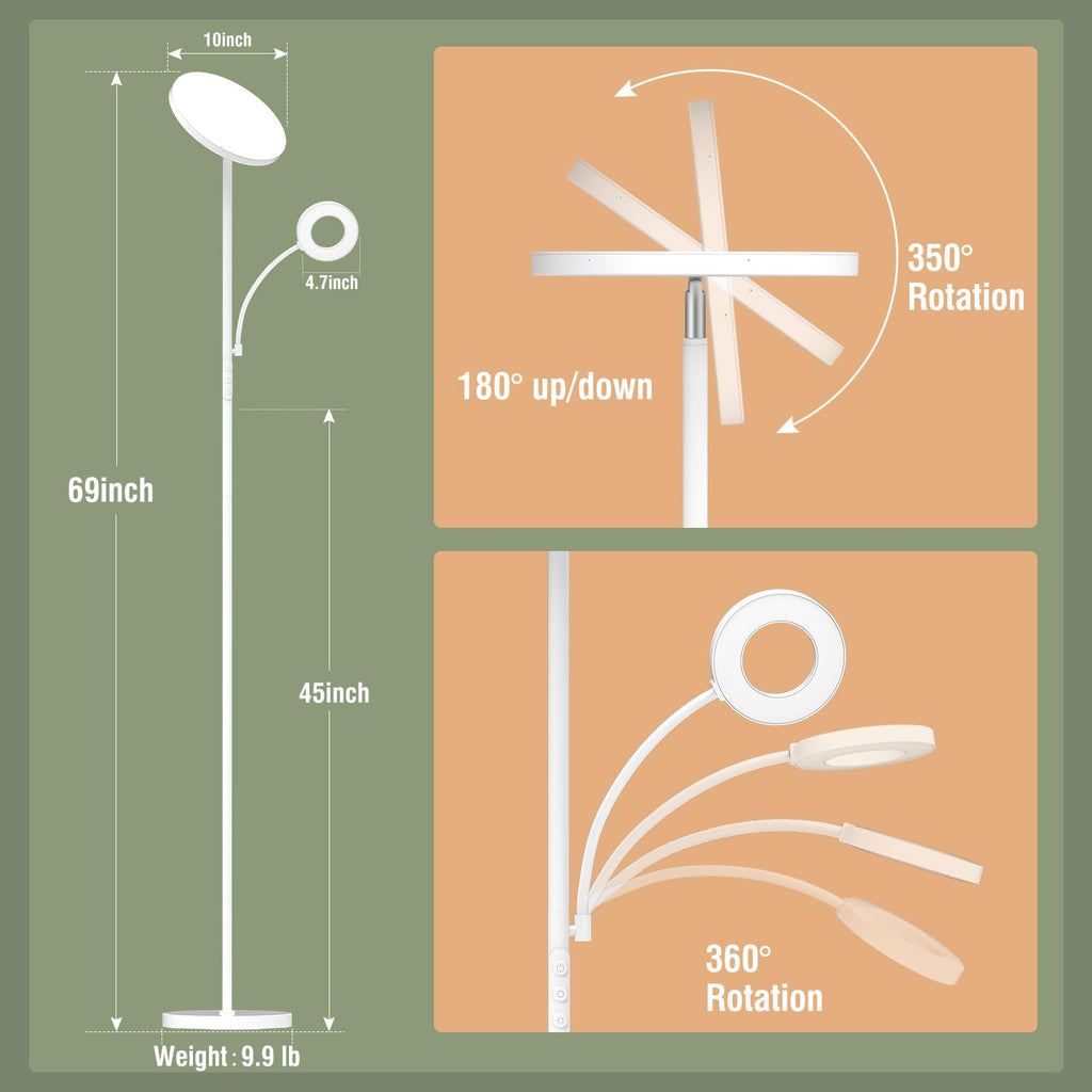White Floor Lamp, 42W Super Bright LED Room Lamp with Adjustable Reading Light, Dimmable Modern Standing Lamp