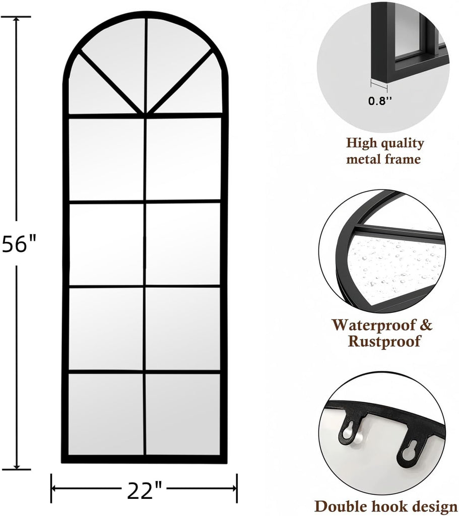 Floor Full Length Mirror, Arch Top Window Pane Mirror, 56"x22" Black
