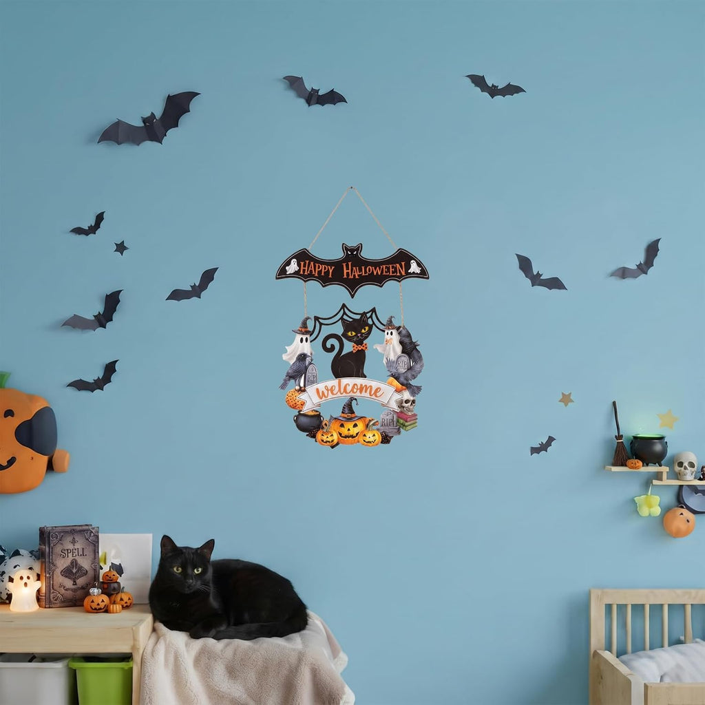 Halloween Decoration: Ghost Wood Door Sign, Spooky Wreath