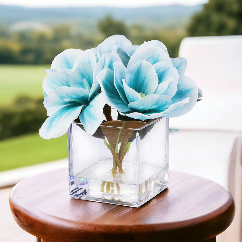 Floral Artificial Real Touch Magnolia Faux Flowers Arrangement in Cube Glass Vase with Faux Water Wedding (Blue)