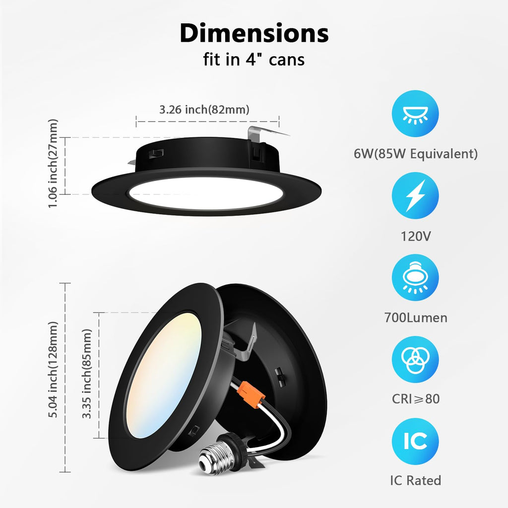 4 Inch Recessed Lights, 5CCT LED Can Lights, Dimmable, 6 Pack,Black