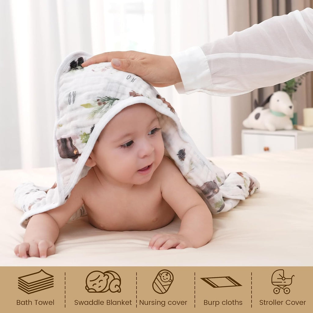 2 Pack Hooded Baby Towels, 100% Muslin Cotton Layer Ultra Soft Breathable Absorbent Baby Bath Towels for Infant