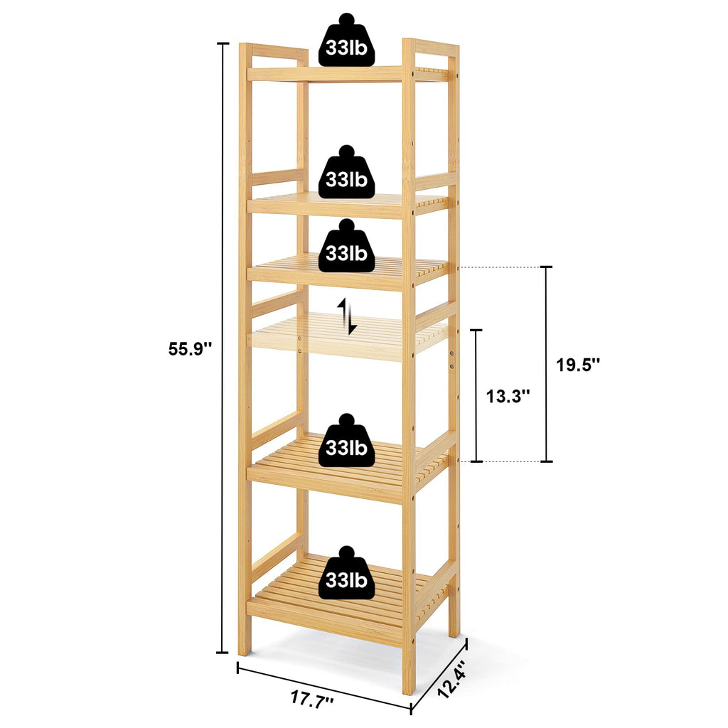 5-Tier Bamboo Shelf, 56"H Adjustable Narrow Bookshelf and Bookcase