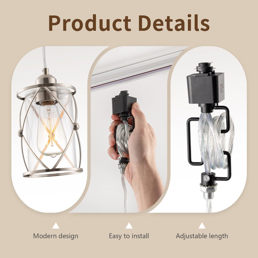 H-Type Brushed Nickel Track Lighting Pendant with Dotted Cage Clear Glass, Adjustable Hanging Light, E26 Socket, Pack