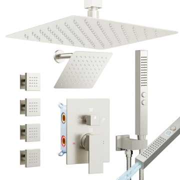 Rainfall Shower System with 4 Body Spray Jets, 4 Way 12 + 6"Rainfall Shower Head with Handheld Combo, Shower Jets