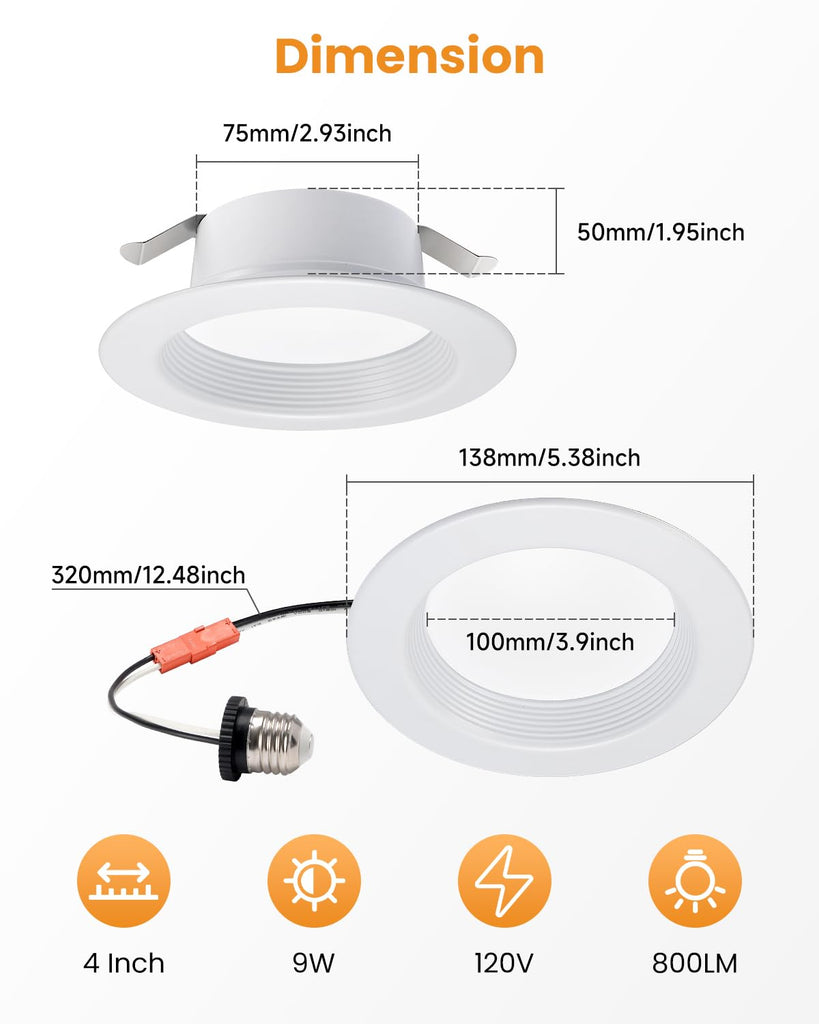 Premium Metal 4-Inch Retrofit LED Recessed Lighting - 2700K-6000K Selectable, 9W 800LM Dimmable E26 Base LED