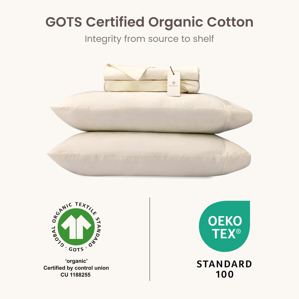 100% Organic Cotton Sheets, 300 Thread Count 4-Piece GOTS Certified Bed Sheet Set Fits Mattress Upto 17" Deep Pocket