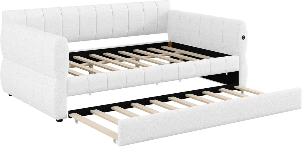 Queen Size Daybed with Trundle, Upholstered Daybed with USB Ports, Fleece Upholstered Platform Bed Frame with Twin XL