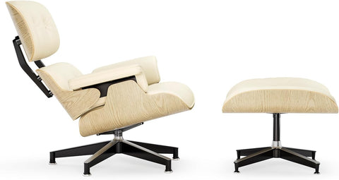 Modern Chaise Lounge Chair and Ottoman — White Leather