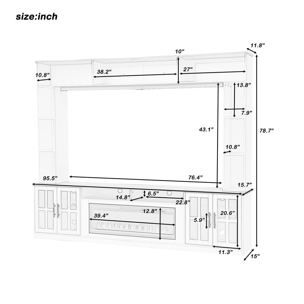 White Farmhouse TV Stand with Fireplace, Large Entertainment Center with Bookshelves, Glass Doors & Adjustable