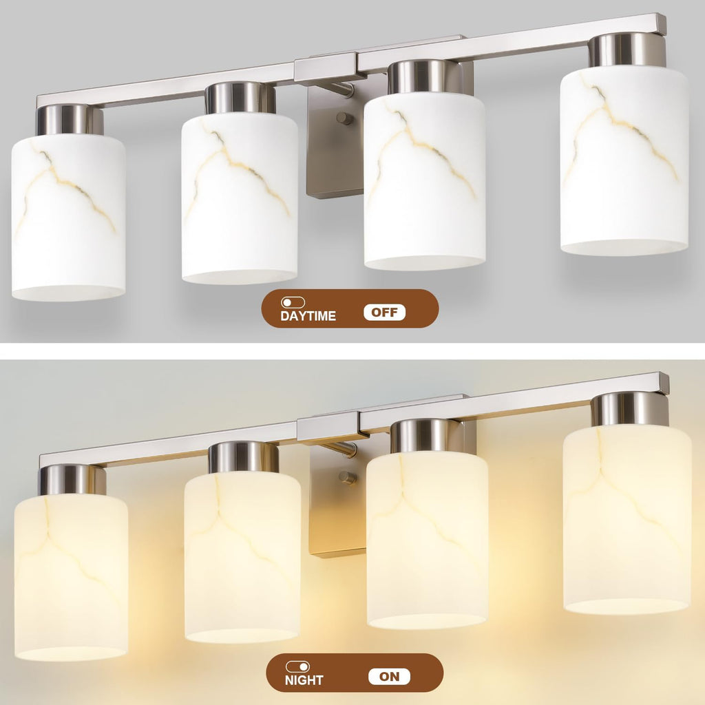 4-Light Bathroom Light Fixtures, Modern Vanity Lights, Brushed Nickel Metal Wall Lamp with White Marble Glass