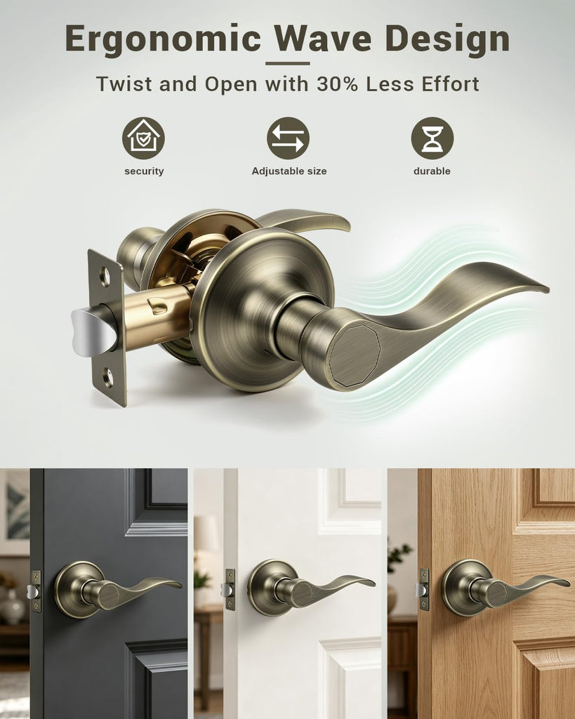 2 Pack Antique Bronze Finish Keyless Interior Door Handle, Vintage Passage Door Lever Closet, Non-Locking Wave Style