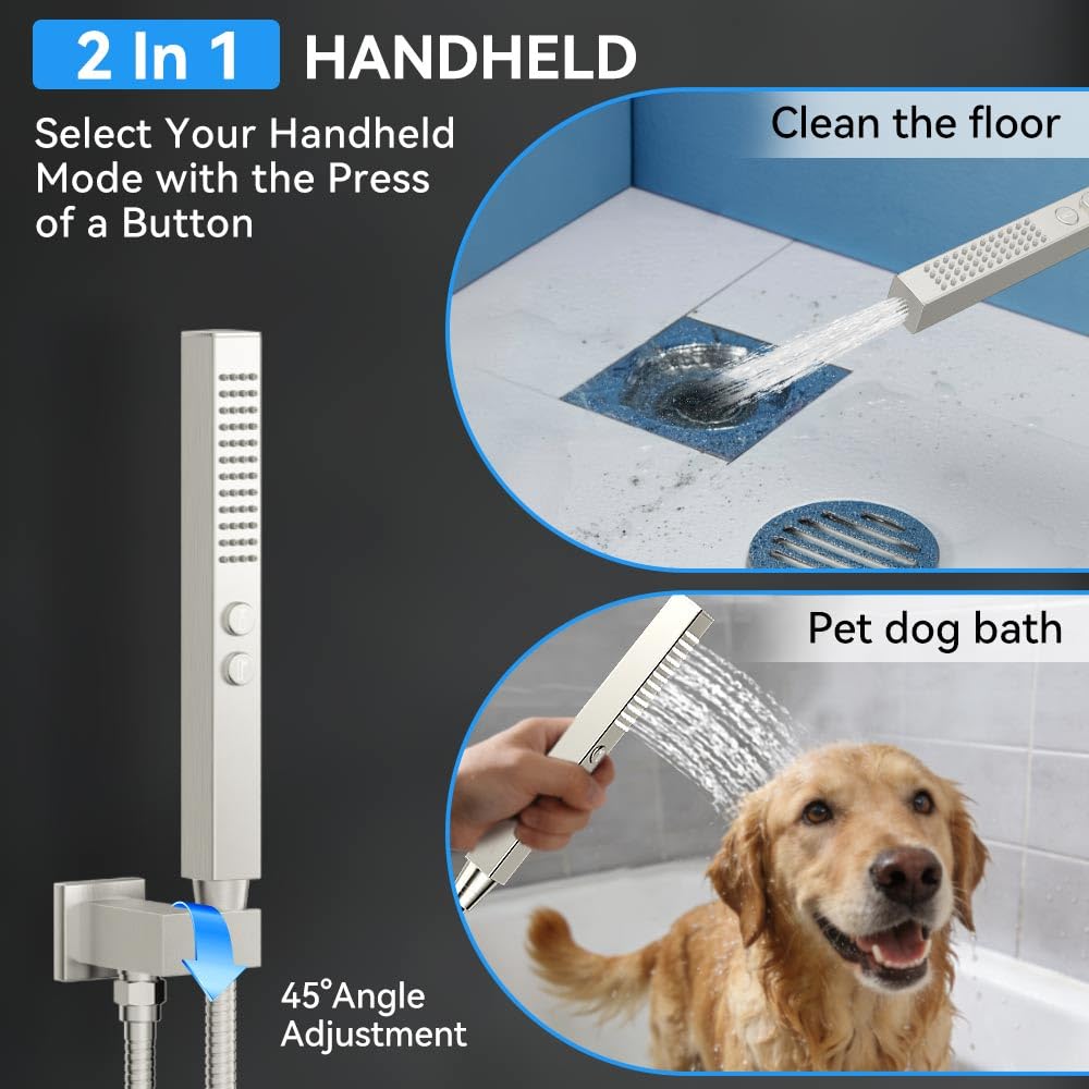 Thermostatic Shower System with Body Jets, 12" Rain Showerhead with 2 Modes Handheld Spray, Can Use All at Once
