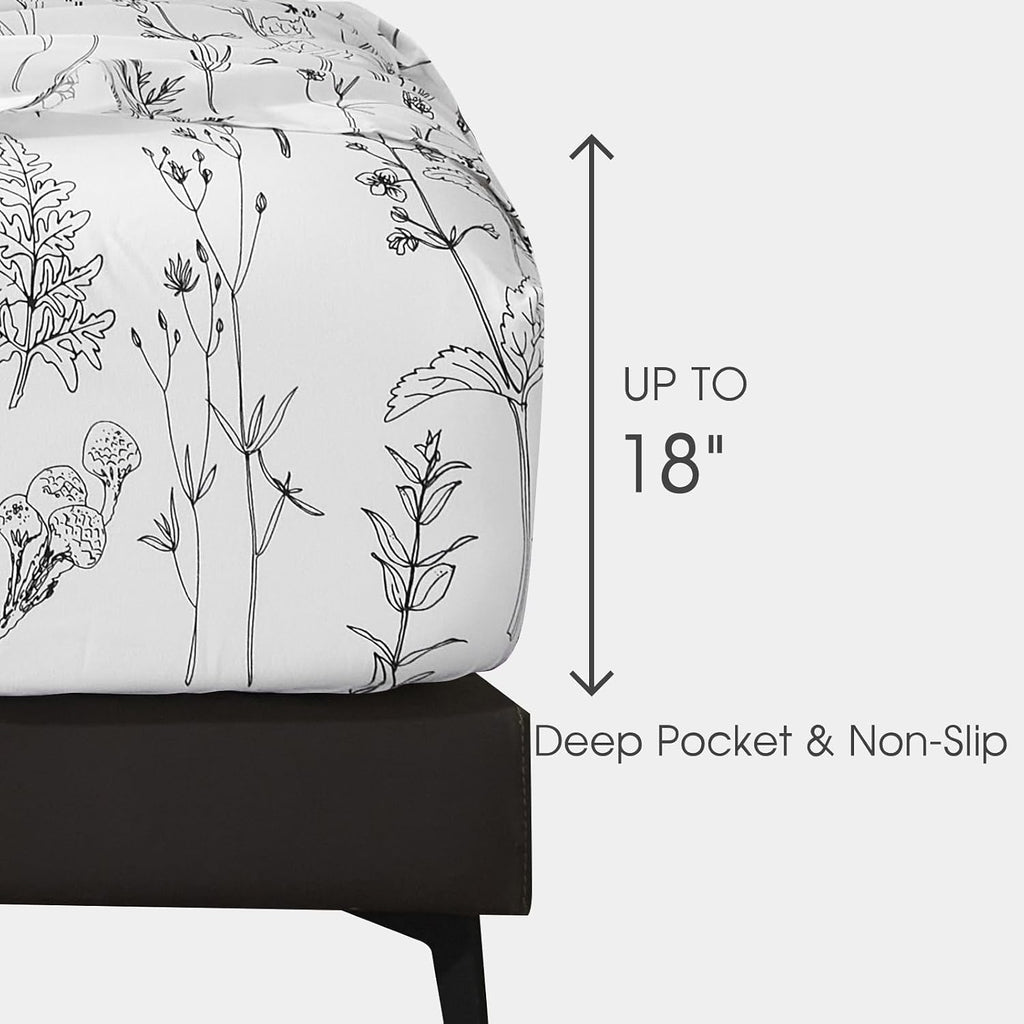 Floral Sheets Queen,18 inches Deep Pocket Sheets, 1800 Thread Count Black and White Leaf Floral Bed Sheets Soft