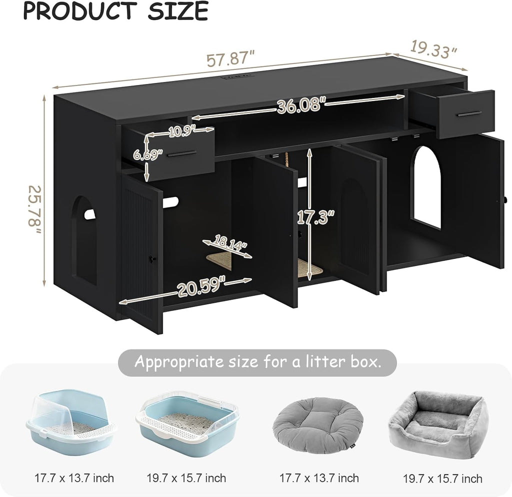 Cat Litter Box Enclosure, Litter Box Furniture for 2 Cats, Litter Box Enclosure with Socket (Black)