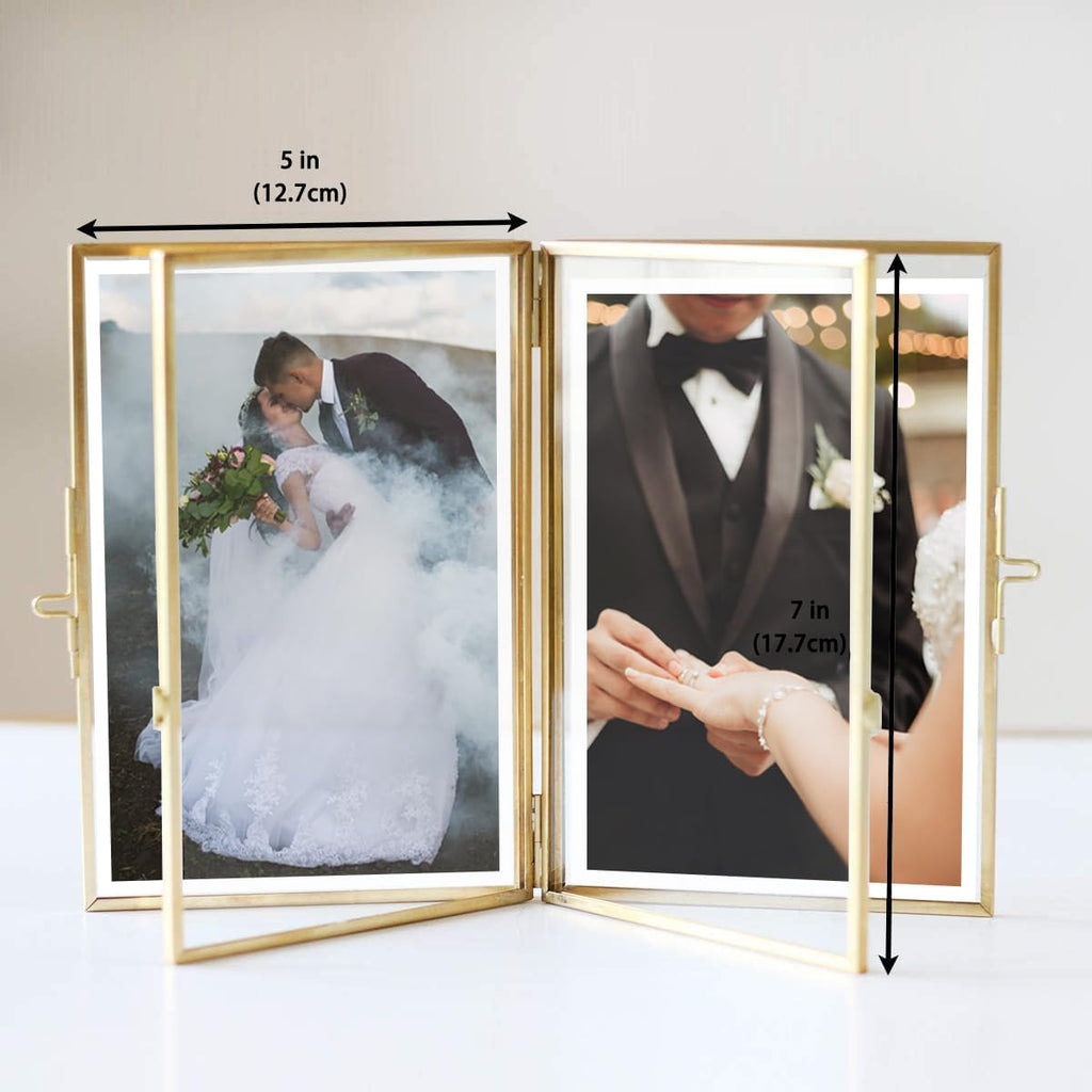 Gold Picture Frame - 5×7 Double Folding Glass Frame for Pressed Flowers - Vintage Brass Metal and Floating Frame