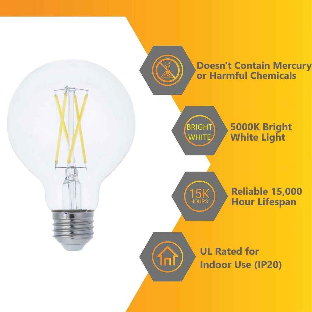 G25 Globe Light Bulbs Vintage Edison Filament Round Clear Glass 7.6W (100W Equivalent) 800 Lumens E26 Medium Base