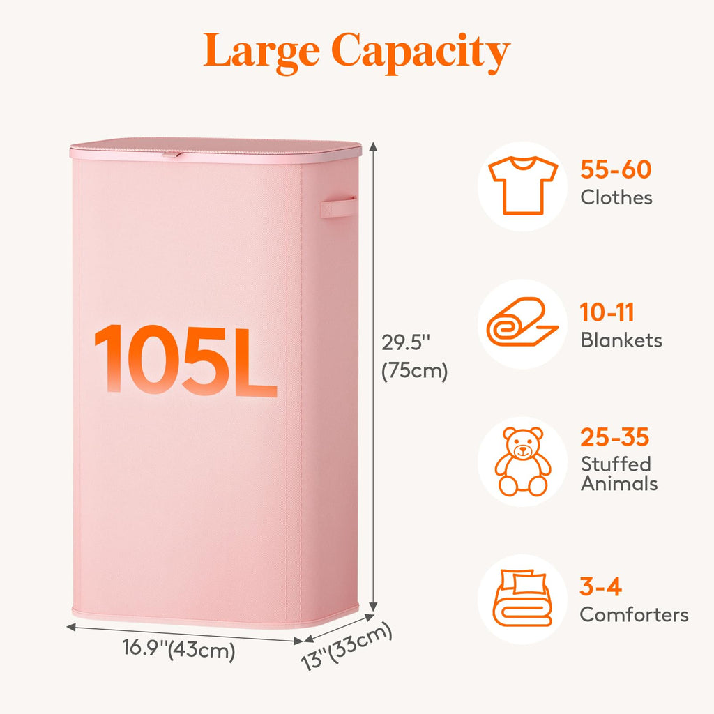 105L Large Laundry Hamper with Lid, Removable Inner Bag, Pink