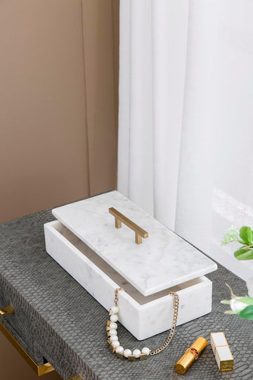 White Marble Rectangular Box with Brass Handle, Contemporary Accent Box, Storage Box, Removable Lid, 14.5" x 7"