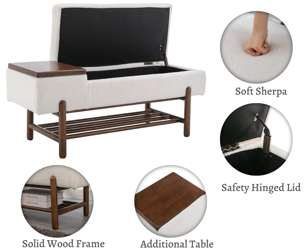 Modern Storage Bench End of Bed Sherpa Upholstered Ottoman Bench with Storage and Wood Shoe Rack Farmhouse Long