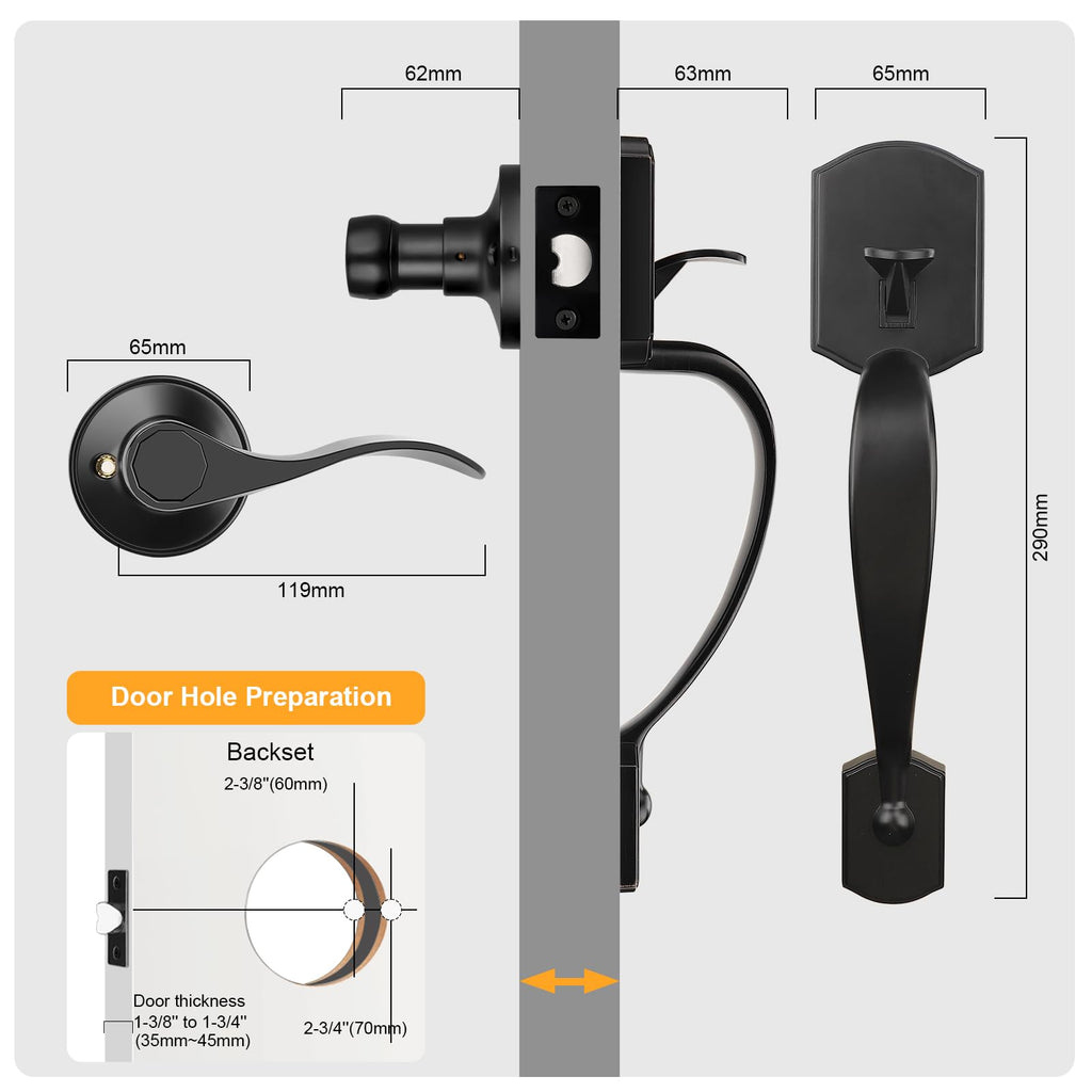 Black Lower Half Front Entry Handleset, Heavy Duty Entry Door Handle with Interior Reversible Handed Lever, Lock Grip