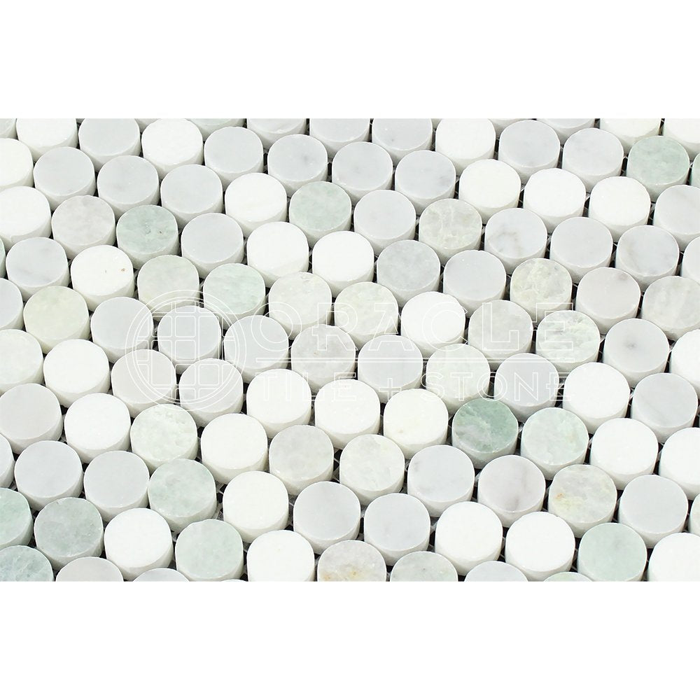 Thassos White Greek Marble Penny Round Mosaic Tile with Ming Green, Polished