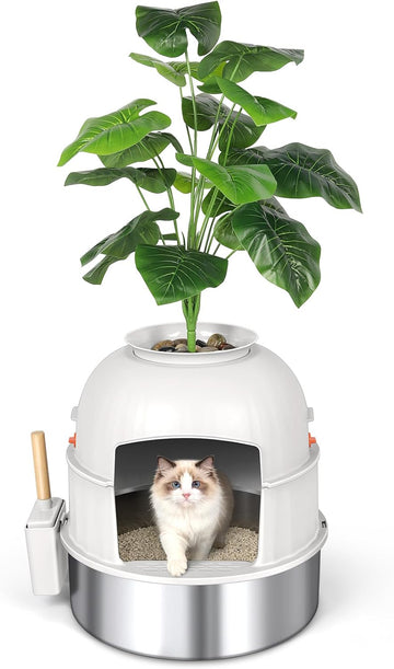 Hidden Plant Litter Box with Scoop, Stainless Steel Litter Box Plant, Beige