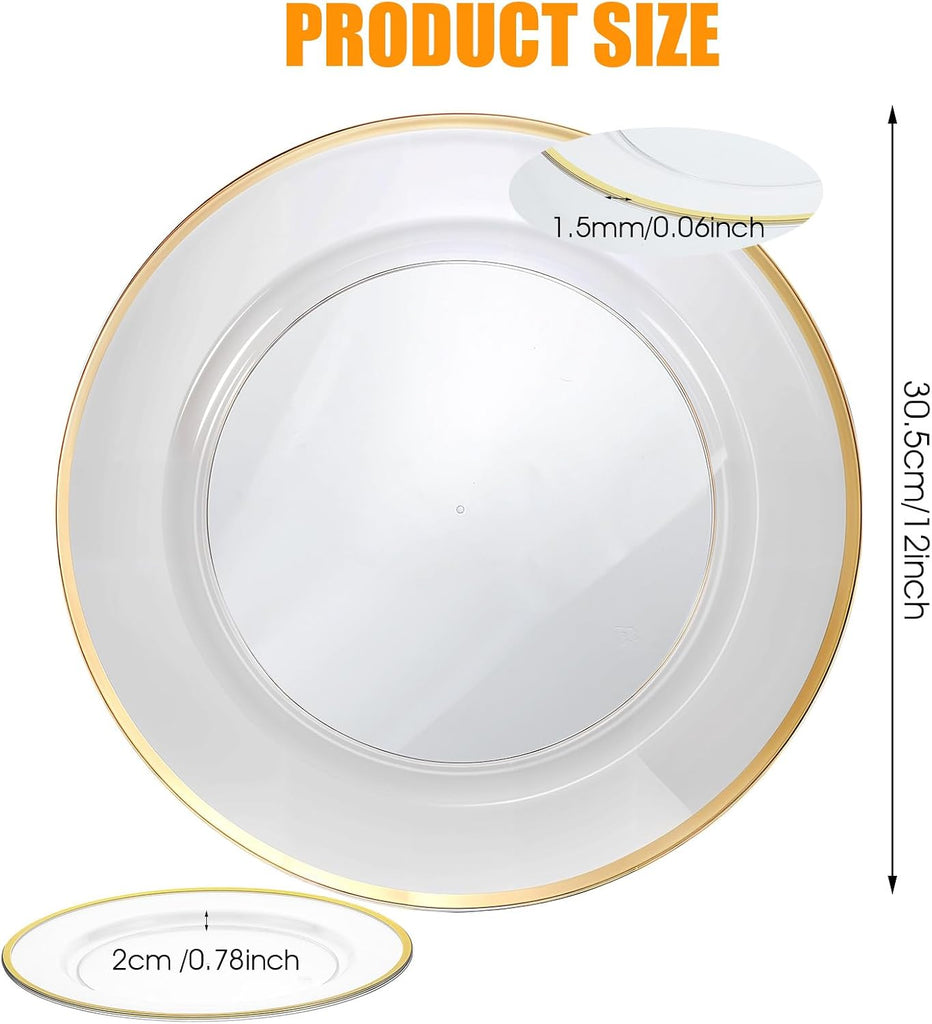 Disposable Gold Charger Plates, 12inch Clear Chargers with Gold Trim - Set of 25