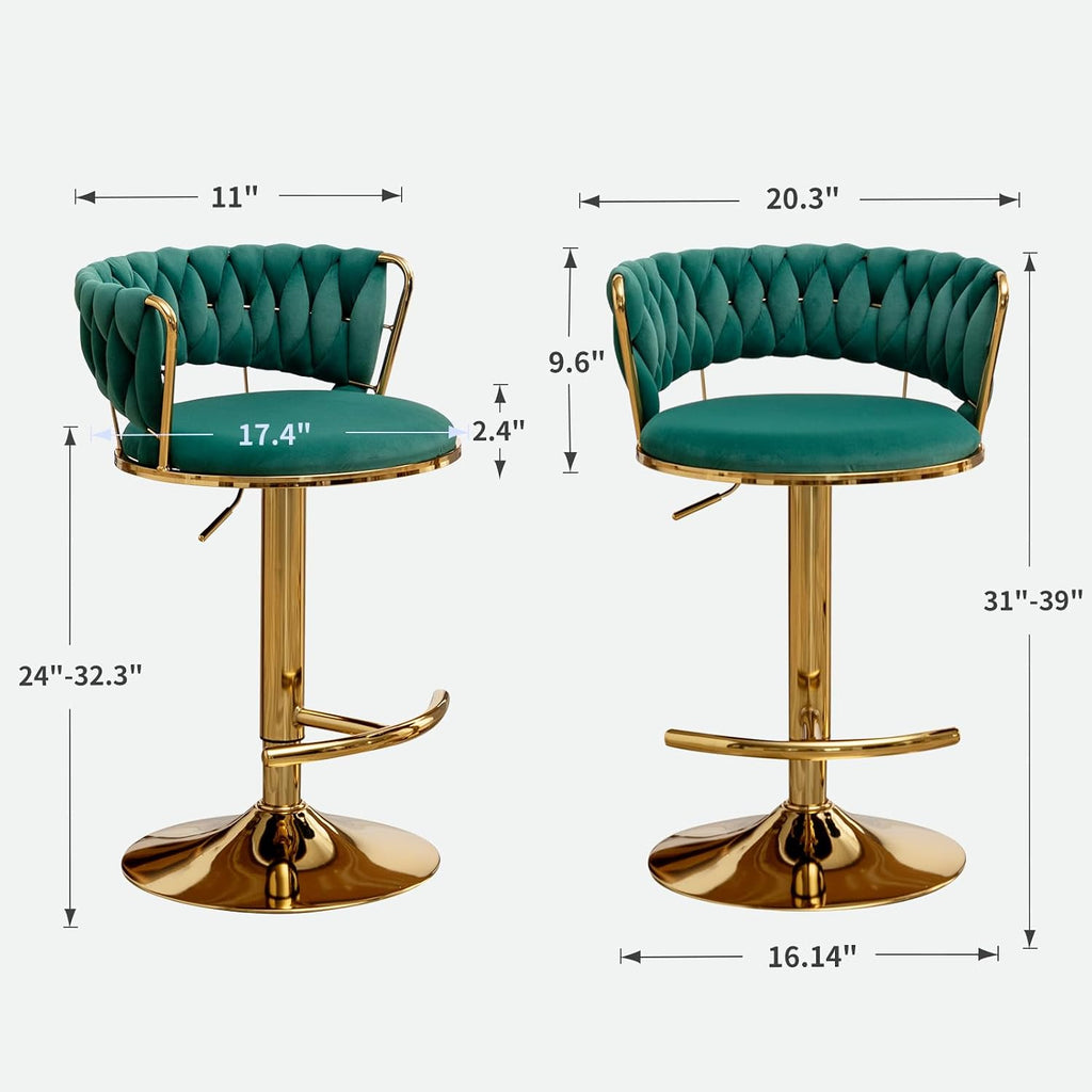 Gold Bar Stools Set of 4, Counter Height Bar Stools with Low Back, Velvet Adjustable Height Barstools, 360° Swivel