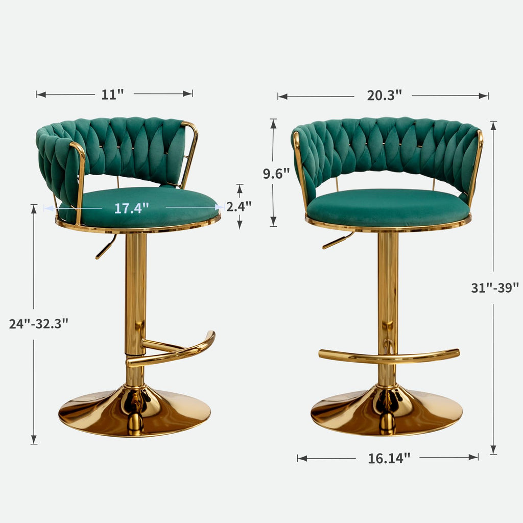 Gold Bar Stools Set of 2, Counter Height Bar Stools with Low Back, Velvet Adjustable Height Barstools, 360° Swivel